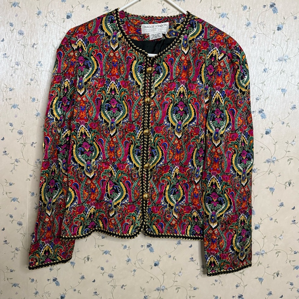Maggy London Vibrant 90s Vintage 100% Silk Paisley Blazer button top medium